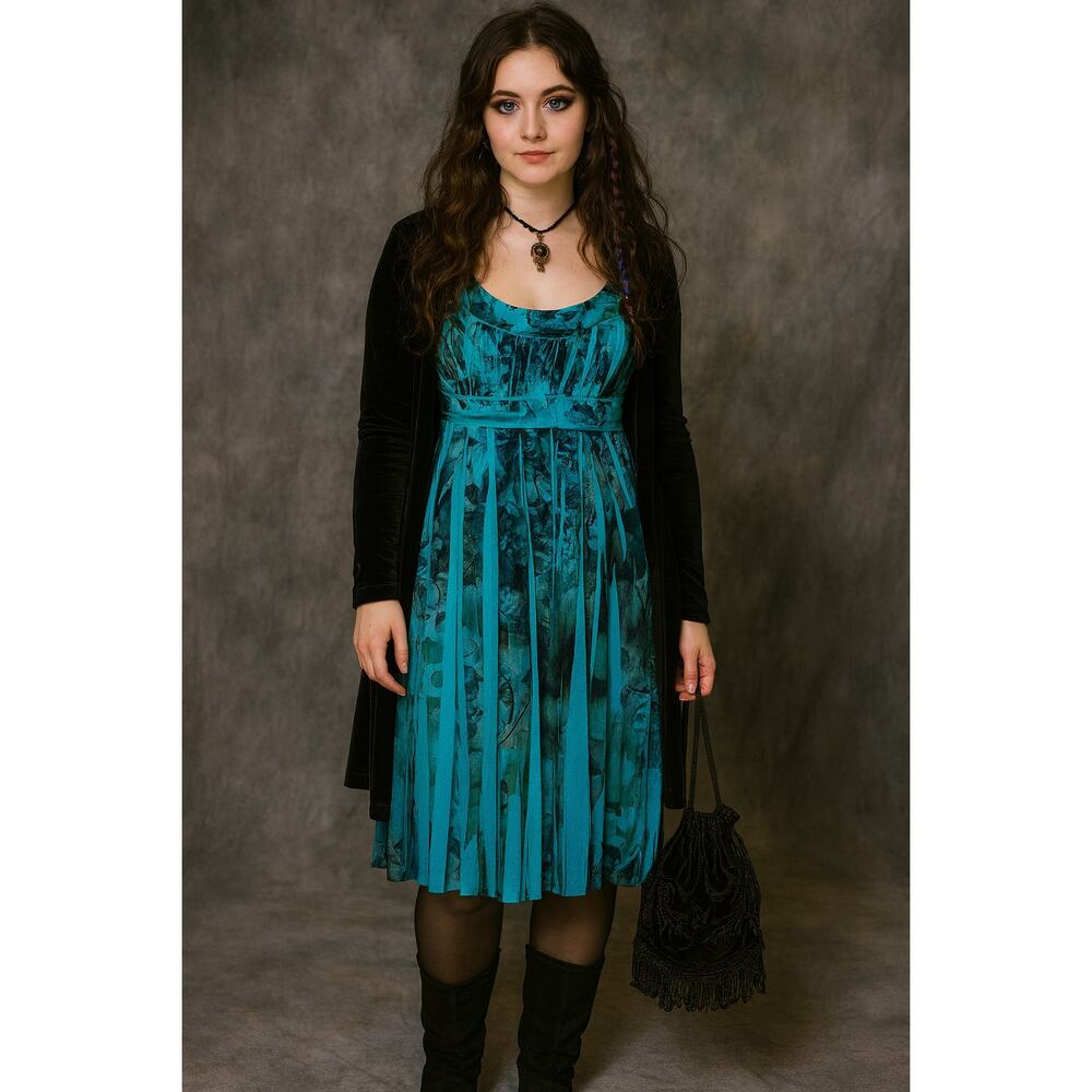 TRIXXI blue floral Y2K pleat babydoll tie back whimsigoth dress size medium